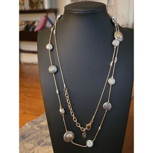 Scroll and Dots Two-Tone Long Disc Necklace Layered Rhinestone Vintage READ